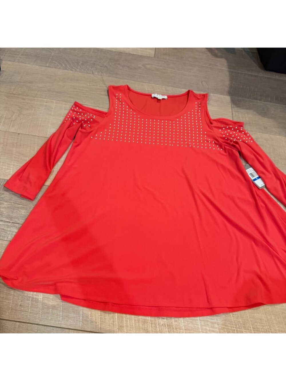 CHAUS NEW YORK WOMENS XL CORAL SILVER STUDDED COLD SHOULDER BLOUSE NEW